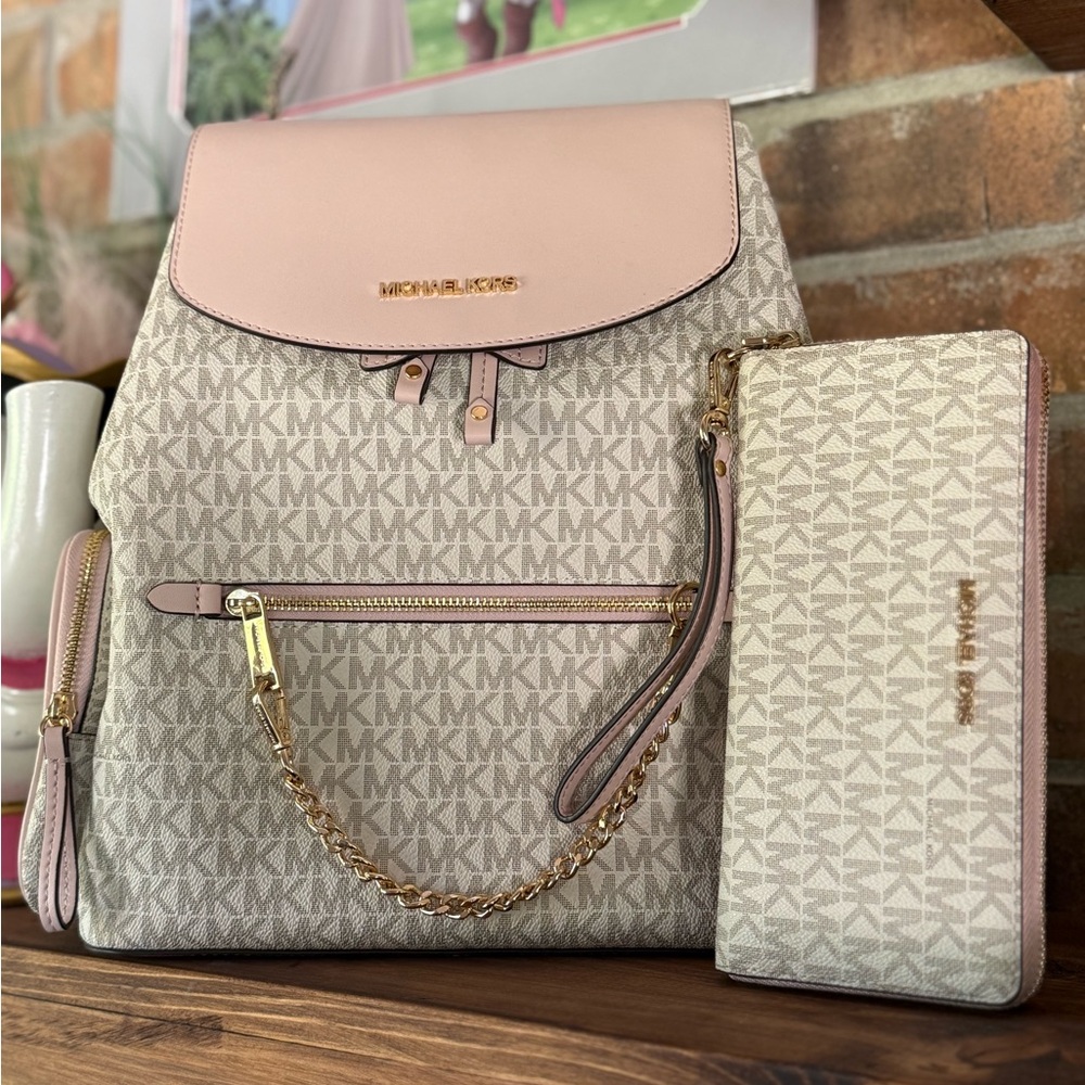 Michael Kors Pink and Cream Backpack with Wallet